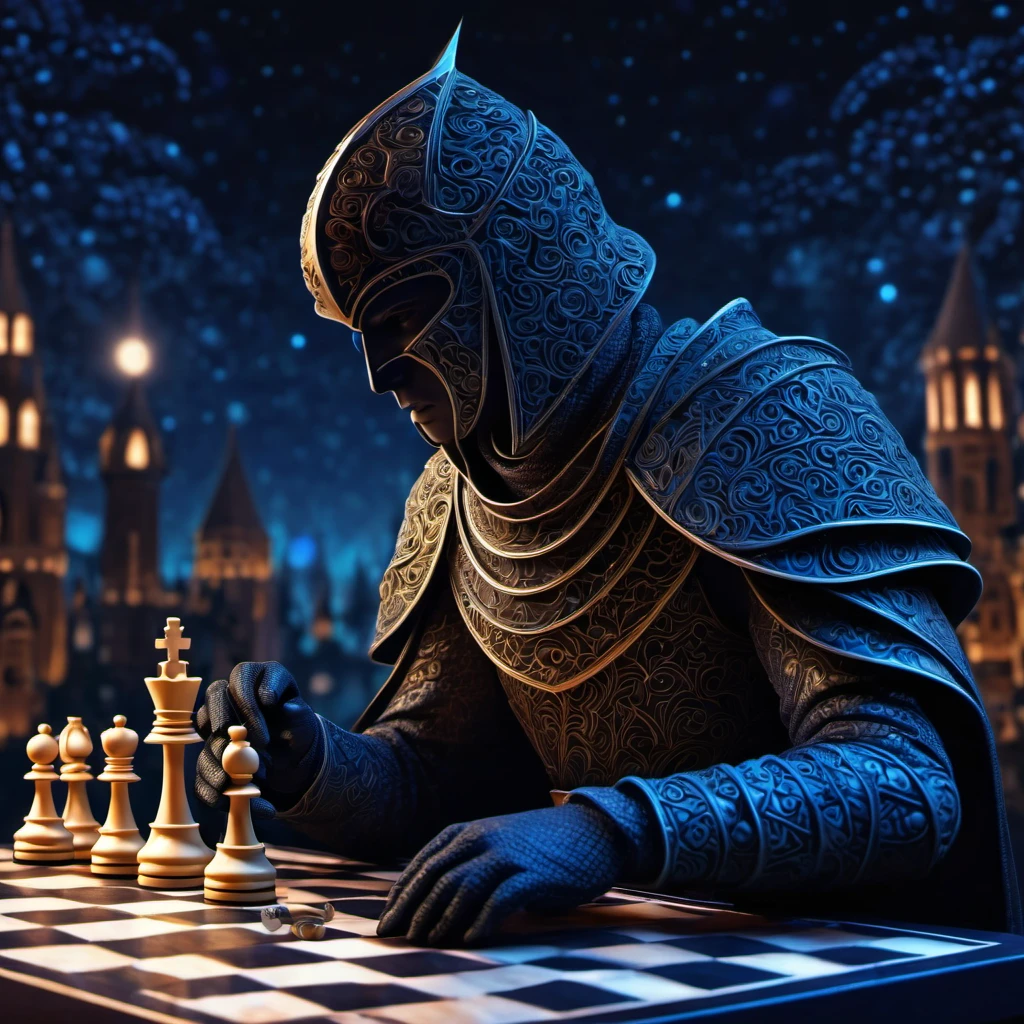 (best quality, highres, ultra sharp), magical chess Swordsman Standing , about the curvature of space time, in a dark night, art deco, zentangle, 3d crunch, cinematic, facing camera, close up, medieval city with chess rooks in the background