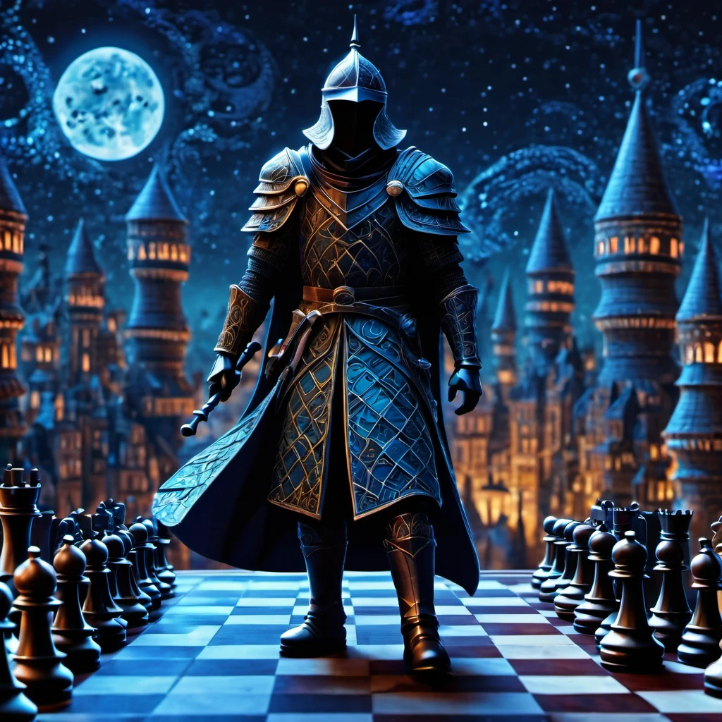 (best quality, highres, ultra sharp), magical chess Swordsman Standing , about the curvature of space time, in a dark night, art deco, zentangle, 3d crunch, cinematic, facing camera, close up, medieval city with chess rooks in the background