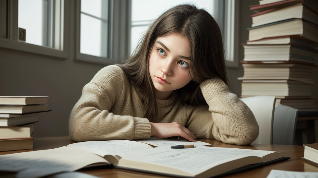A girl, deep in thought, sits comfortably in a corner, surrounded by a towering pile of books or documents. The soft, yellow glow of a desk lamp illuminates the scene, casting a calming atmosphere in stark contrast to the peaceful silence of the night that envelopes the room's window. In profile, her elegant pose showcases her charm and poise, as she rests her chin on her hand and cradles a pencil in her other hand, her serious expression betraying the depth of her concentration. A mischievous kitten companion shares the space with her, gazing at her with curious, round eyes and occasional purrs, offering her comfort and companionship as she delves into