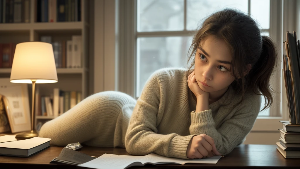 A girl, deep in thought, sits comfortably in a corner, surrounded by a towering pile of books or documents. The soft, yellow glow of a desk lamp illuminates the scene, casting a calming atmosphere in stark contrast to the peaceful silence of the night that envelopes the room's window. In profile, her elegant pose showcases her charm and poise, as she rests her chin on her hand and cradles a pencil in her other hand, her serious expression betraying the depth of her concentration. A mischievous kitten companion shares the space with her, gazing at her with curious, round eyes and occasional purrs, offering her comfort and companionship as she delves into