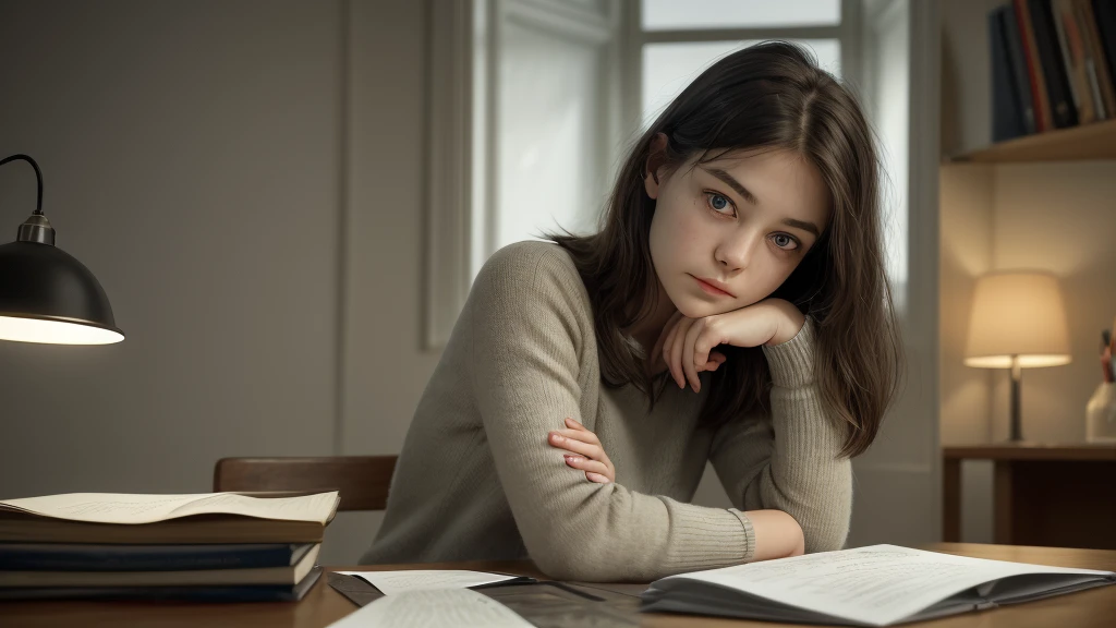 A girl, deep in thought, sits comfortably in a corner, surrounded by a towering pile of books or documents. The soft, yellow glow of a desk lamp illuminates the scene, casting a calming atmosphere in stark contrast to the peaceful silence of the night that envelopes the room's window. In profile, her elegant pose showcases her charm and poise, as she rests her chin on her hand and cradles a pencil in her other hand, her serious expression betraying the depth of her concentration. A mischievous kitten companion shares the space with her, gazing at her with curious, round eyes and occasional purrs, offering her comfort and companionship as she delves into