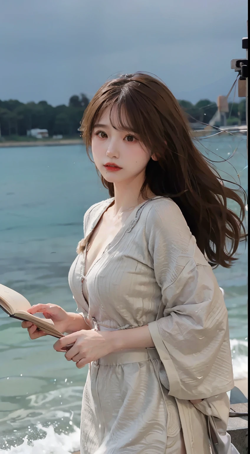 (Best quality), (Masterpiece), a very exquisite and beautiful girl, Very detailed, Amazing, exquisitedetails, offcial art, Super detailed, high-class, beautiful details girl, with a radiant face, a girl standing in front of a dragon, Long, without humans, Dragon, (Floating blonde hair), jade water book, water, Waves, fullofwaterenergy, All mechanical, pink mechanical, mix4,swordsman,1girll