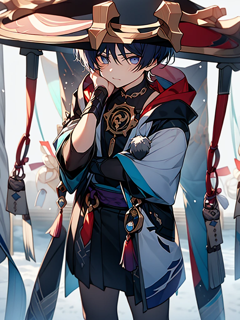 (masterpiece), highest quality, Perfect Face, Expressive eyes, (Unconventional persons:1.2), Scaramouche (Genshin Impact), One boy, Male focus, alone, Outdoor, cloud, Are standing, leaf, null, put your hand on the hat, Best Winter、seems cold、Hooded(Fluffy、fluffy)thick coat、Mokomoko coat、snow、Skirmishers、red