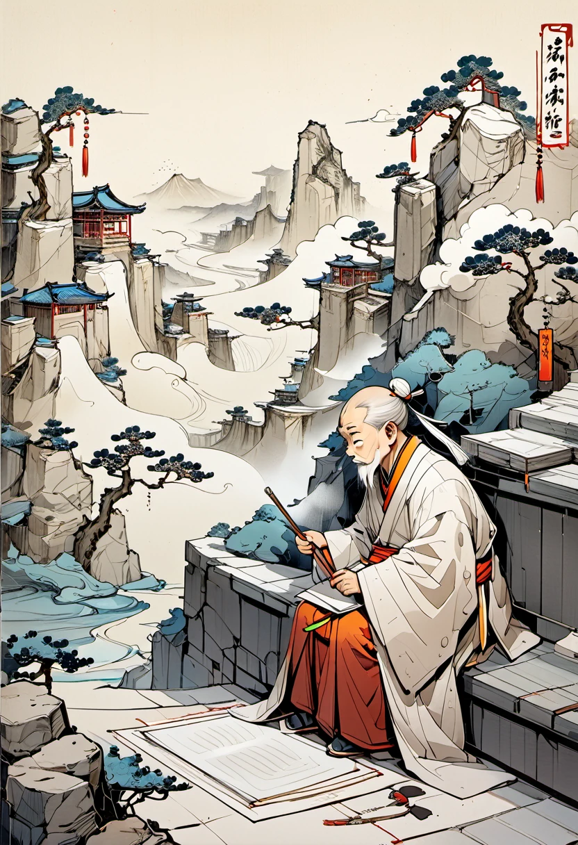 lace,Chinese traditionallandscpae with anoff white background with a light gray thinines texturewith old paper texture featuringchinese art,Song dynasty, Xuan paper, Goofy. Chinese monk, take the dust brush,Solitary cloud, Sit alone, JingtingMountain,Never get tired of it