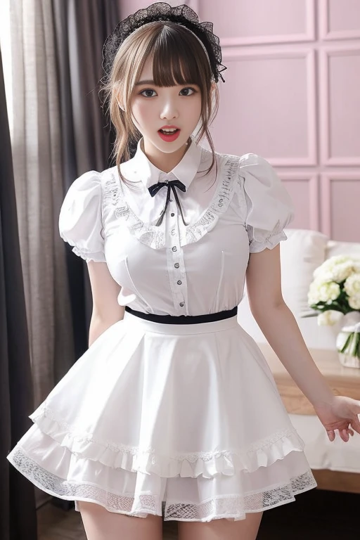 (arc: 1.3), Maid hat, Thighs, only 1 thin girl, (wallpaper), Short black hair, vibrant colors, Sharp focus, Depth of field, cinematic lighting, pretty face, Smile, seductive pose, ((0 % any clothes)), (blush:1.3), Intricate details