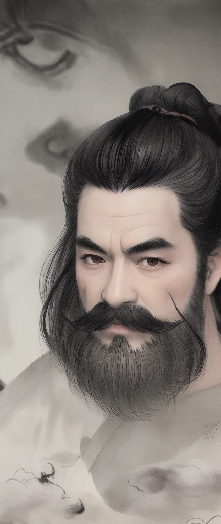 ((4k,masterpiece,best quality)), shuimobysim, traditional chinese ink painting, a man with mustache,samurai