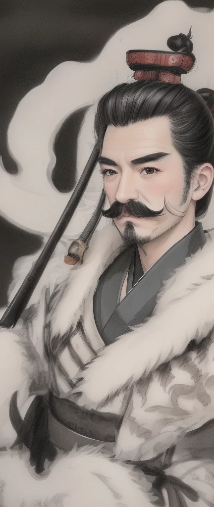 ((4k,masterpiece,best quality)), shuimobysim, traditional chinese ink painting, a man with mustache,samurai