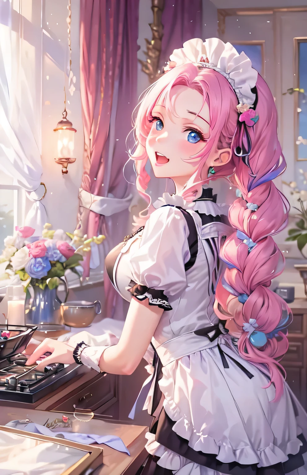 (masterpiece:1.2), best quality,PIXIV,Colorful portraits,
1girl, solo, long hair, looking at viewer, jewelry, earrings, indoors, bangs, dress, blush, plant, multicolored hair, upper body, shelf, pink eyes, window, potted plant, flower, closed mouth, from side, wavy hair, bare shoulders, sleeveless, pink hair, kitchen, breasts, blue dress,white hair,
<lora:Colorful portraits_20230715165729-000018:1>