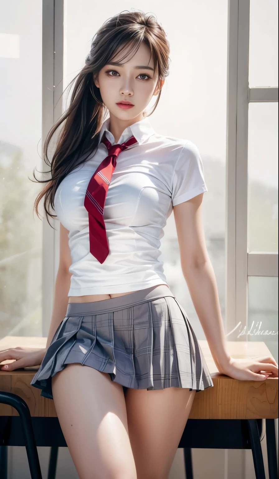 Photorealistic, high resolution, 1womanl, Solo, Hips up,view the viewer, (Detailed face), black hair,red eyes ,uniform black skirt ,detailed face super 4k