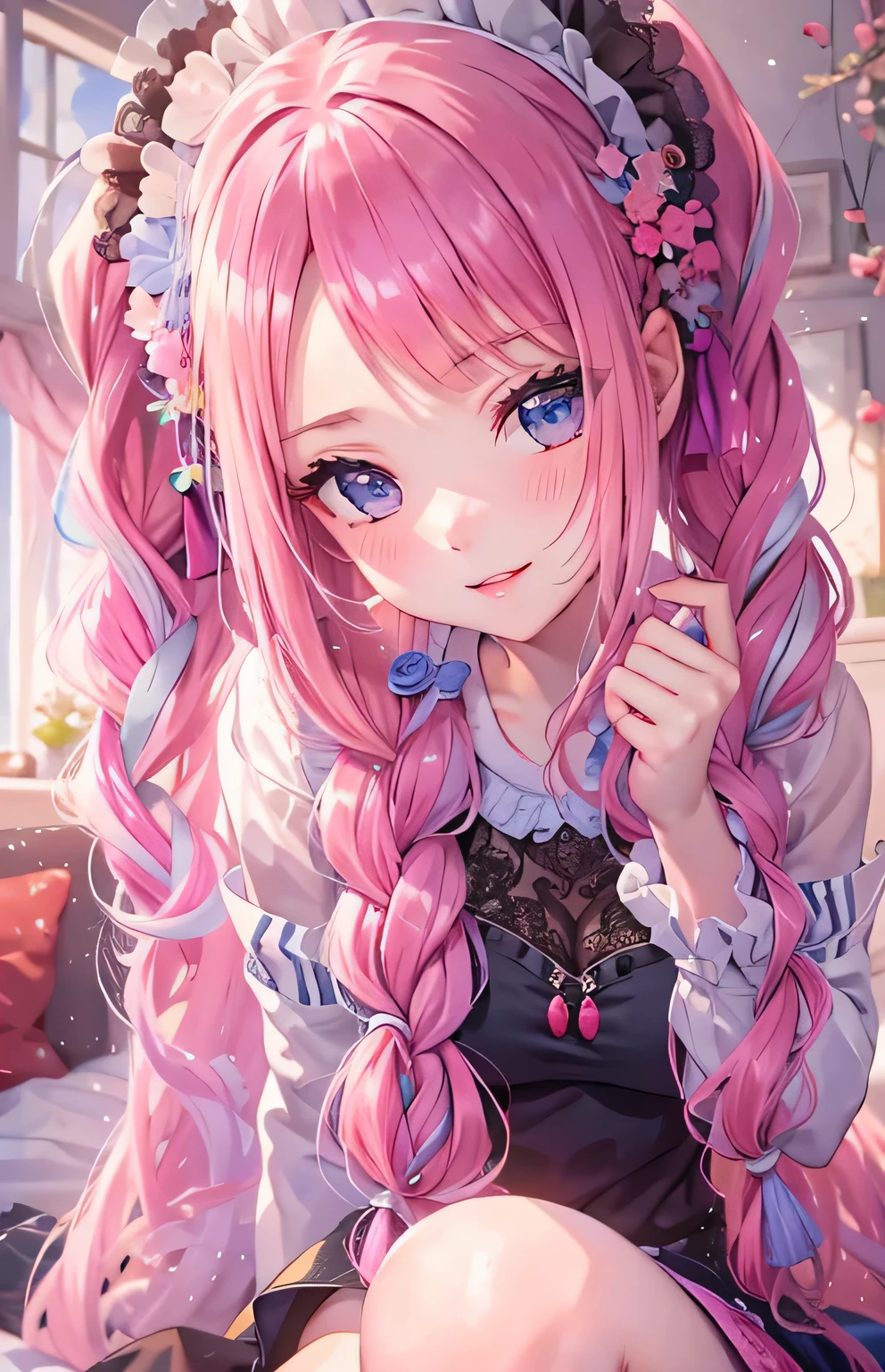 ((highest quality)), ((masterpiece)), (Get used to it), Perfect Face , beautiful girl , Maid , Big Breasts , Long and beautiful hair , Braided hair ,