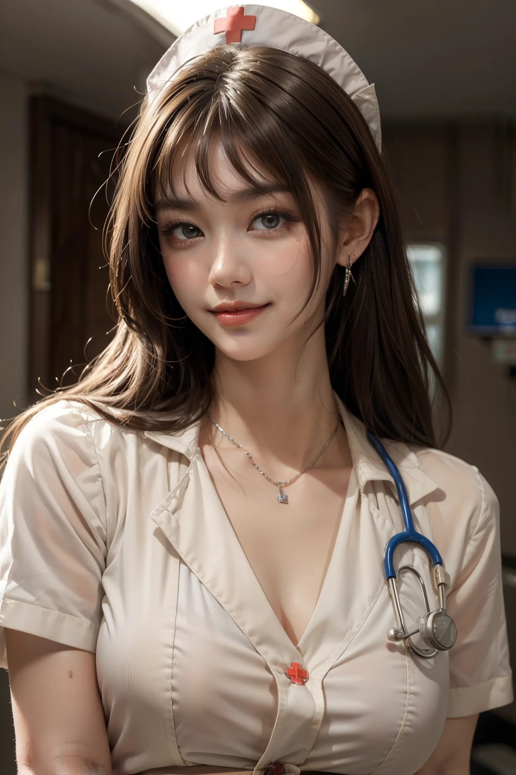 (highest quality、masterpiece:1.2)、super detailed、(photo-realistic:1.4)、Japanese、cute、25 years old、Angle of view from the side、random hairstyle、random facial expressions、large nurse uniform、downblouse, loose t-shirts, light_particle、bright hospital、(leaning forward:1.5)、valley、A little bra is visible