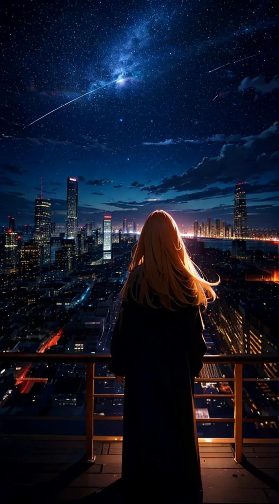 １people々々々々々々,Blonde long-haired woman，Long coat， Dress Silhouette， Rear View，Space Sky, comet, Anime Style, City night view from the rooftop，