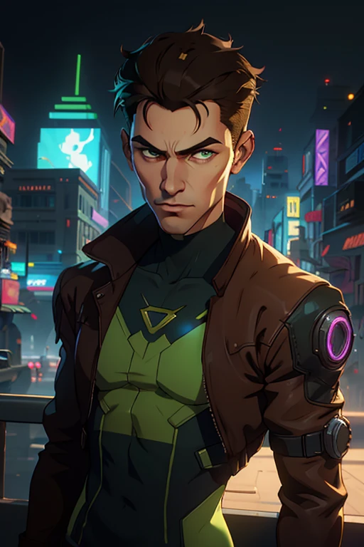 jon, a young guy in his 30s with asymmetric very short brown hair, green eyes with brown specs, a flat nose, smooth skin, slim athletic body, serious, wearing cyberpunk jacket, cyberpunk cityscape in background, wind blowing, looking heroic