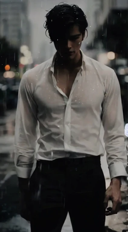 there is a man standing in the rain , profile pic, handsome and elegant, very handsome, handsome, handsome male, water dripping off him, wearing a white button up shirt, handsome and attractive, handsome man, bokeh top cinematic lighting, smooth in _ the background,, clothed in white shirt, , profile picture