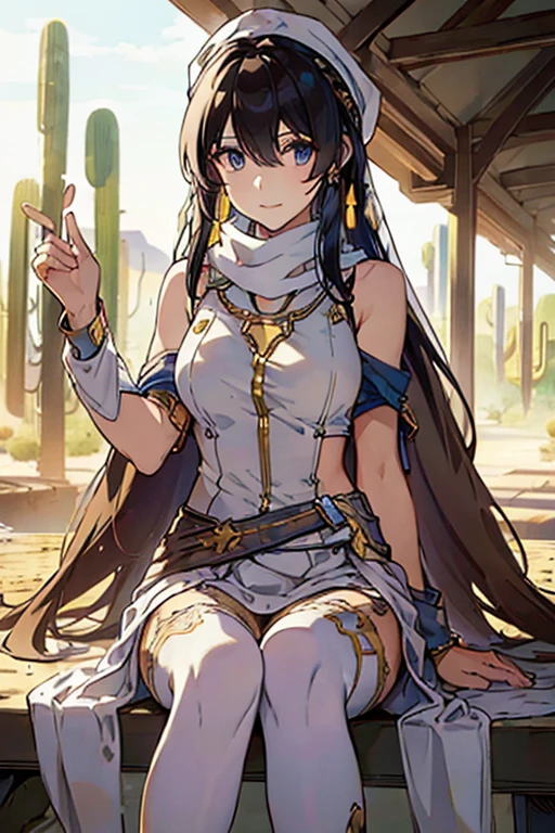 ((in a desert:1.5)), a matured woman with long hair and a white outfit, (resting in oasis:1.2), Arabic, Post apocalyps, from arknights, artwork in the style of guweiz, bodyesbian, fine details. girls frontline, beautiful anime illustration, from girls frontline, by Yang J, stunning, 26 years old, (solo:1.5), (sfw:1.25), sagging breast, large breasts, big tits, thin waist, big ass, Raised sexy, (dark mahogany medium long hair, updo, hair over one eye, asymmetric hair, Carly hair, low tied),(musulman, Headscarfs, hair bands, head vandage, Turban), (ultra high resolution, 8K RAW photo, photo realistics, weak outline:1.3, clear focus), best qualtiy, natural lighting, blurry back ground, field depth, (Bright pupils, detailed beautiful eyes, high detailed face), Red lip, looking at viewers, (tight focus:1.2, from below), sexy posing, seductive weak smiling, center image, (wearing white long jacket and clothes, wearing short pants, gold ornaments, white clothes rolling around waist, camel-brown long leather boots, translucent lace pantyhose), ((correct anatomy:1.5)), ((outdoor:1.2)),