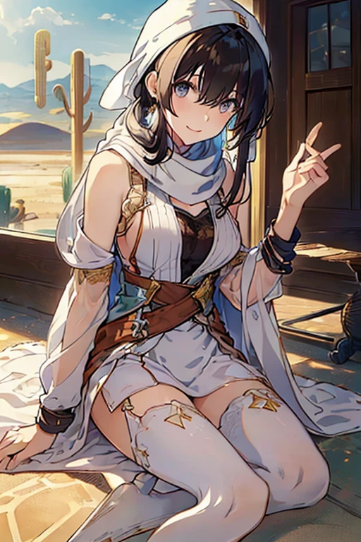 ((in a desert:1.5)), a matured woman with long hair and a white outfit, (resting in oasis:1.2), Arabic, Post apocalyps, from arknights, artwork in the style of guweiz, bodyesbian, fine details. girls frontline, beautiful anime illustration, from girls frontline, by Yang J, stunning, 26 years old, (solo:1.5), (sfw:1.25), sagging breast, large breasts, big tits, thin waist, big ass, Raised sexy, (dark mahogany medium long hair, updo, hair over one eye, asymmetric hair, Carly hair, low tied),(musulman, Headscarfs, hair bands, head vandage, Turban), (ultra high resolution, 8K RAW photo, photo realistics, weak outline:1.3, clear focus), best qualtiy, natural lighting, blurry back ground, field depth, (Bright pupils, detailed beautiful eyes, high detailed face), Red lip, looking at viewers, (tight focus:1.2, from below), sexy posing, seductive weak smiling, center image, (wearing white long jacket and clothes, wearing short pants, gold ornaments, white clothes rolling around waist, camel-brown long leather boots, translucent lace pantyhose), ((correct anatomy:1.5)), ((outdoor:1.2)),