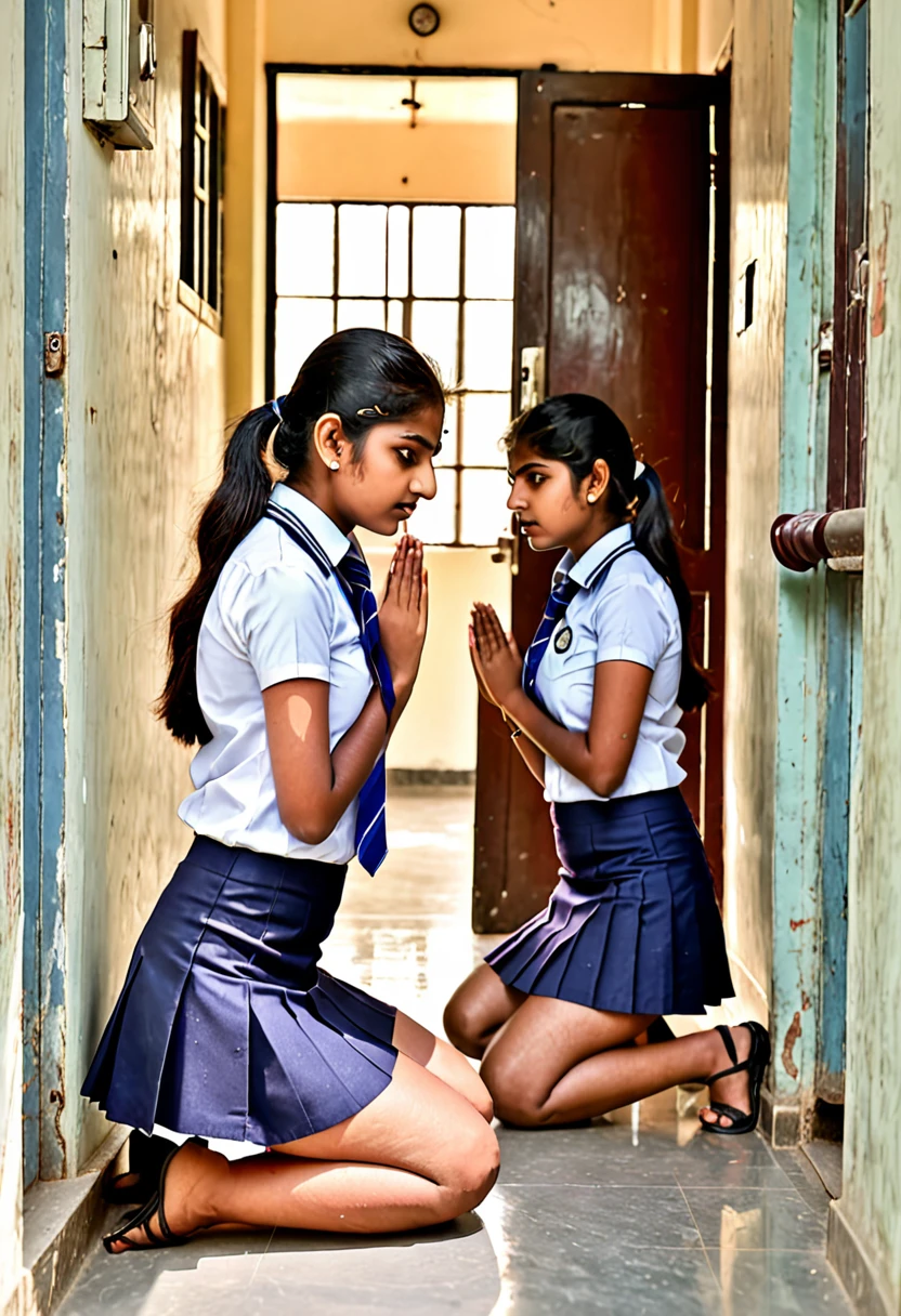 Indian college girls wearing short skirt uniform kneeling down holding ears in corridor outside class room door in punishment
