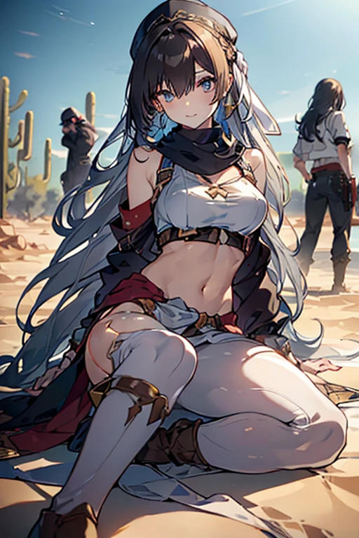 ((in a desert:1.5)), a matured woman with long hair and a white outfit, (resting in oasis:1.2), Arabic, Post apocalyps, from arknights, artwork in the style of guweiz, bodyesbian, fine details. girls frontline, beautiful anime illustration, from girls frontline, by Yang J, stunning, 26 years old, (solo:1.5), (sfw:1.25), sagging breast, large breasts, big tits, thin waist, big ass, Raised sexy, (dark mahogany medium long hair, updo, hair over one eye, asymmetric hair, Carly hair, low tied),(musulman, Headscarfs, hair bands, head vandage, Turban), (ultra high resolution, 8K RAW photo, photo realistics, weak outline:1.3, clear focus), best qualtiy, natural lighting, blurry back ground, field depth, (Bright pupils, detailed beautiful eyes, high detailed face), Red lip, looking at viewers, (tight focus:1.2, from below), sexy posing, seductive weak smiling, center image, (wearing white long jacket and clothes, wearing short pants, gold ornaments, white clothes rolling around waist, camel-brown long leather boots, translucent lace pantyhose), ((correct anatomy:1.5)), ((outdoor:1.2)),