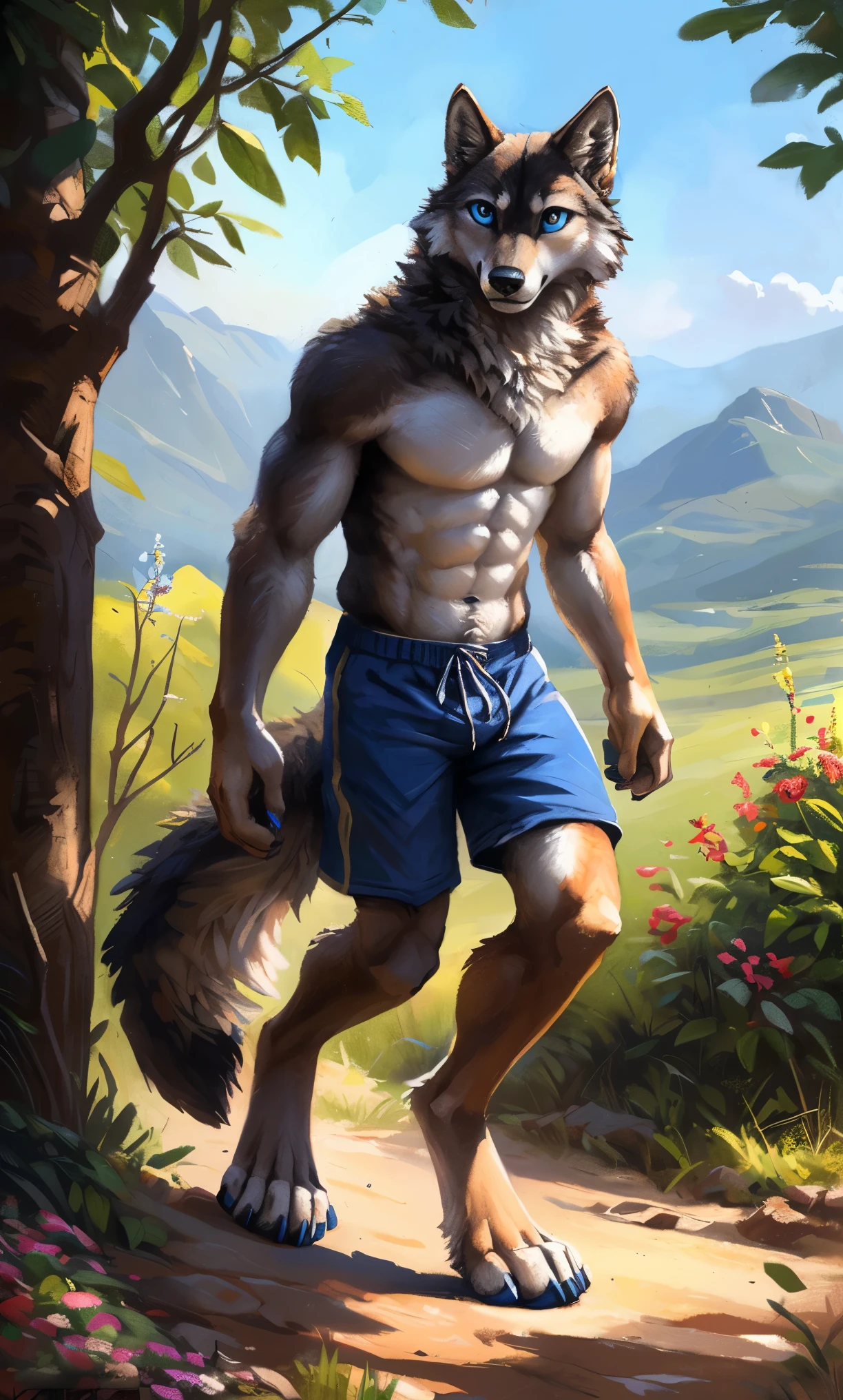 ((Solo)), male people, anthro wolf, (Multi-colored fur, White-brown:1.3，White tail pointed), (Height 2.1m,Tail length 1.2m), ((Wolf face, Big eyes, White eyelids, Blue pupil, Slim:1.2) (Tough, Calm expression:1.2)), Abs, Slim, pinging)), (Correct anatomy), (Work shorts:1.1), The upper body  naked, (detailed outfits),A long big tail，Feet，(Realistic fur, Detailed fur texture, labeled:1.3)), (Natural lighting), Photorealistic, Hyperrealistic, ultradetailed, by Kenket，in a flowering shrubs，erect through，Running on