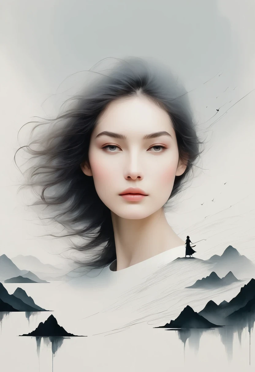 Girl with sword on the rooftop，Simple lines，Minimalism，Abstract Art，Lots of white space