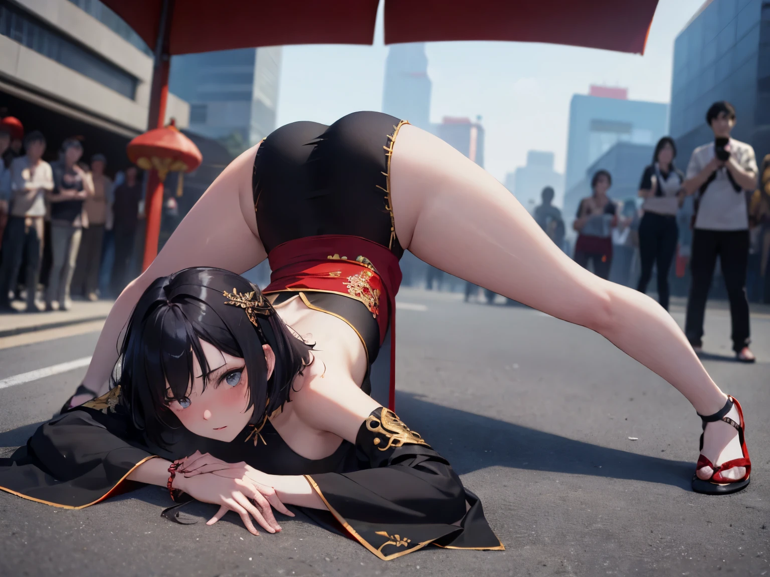 from front, from below, 1girl, solo, (jack-o' challenge, flexible, spread legs, top-down bottom-up), on ground, (red china dress, clothed), embarrassed, nose blush, chignon, black hair, short hair,  (public), outdoor, depth, tokyo, Comic Market, masterpiece, high quality, best quality, beautiful, hd, perfect lighting, detailed face, masterpiece, best quality, intricate details, 8k uhd, perfect face, perfect eyes