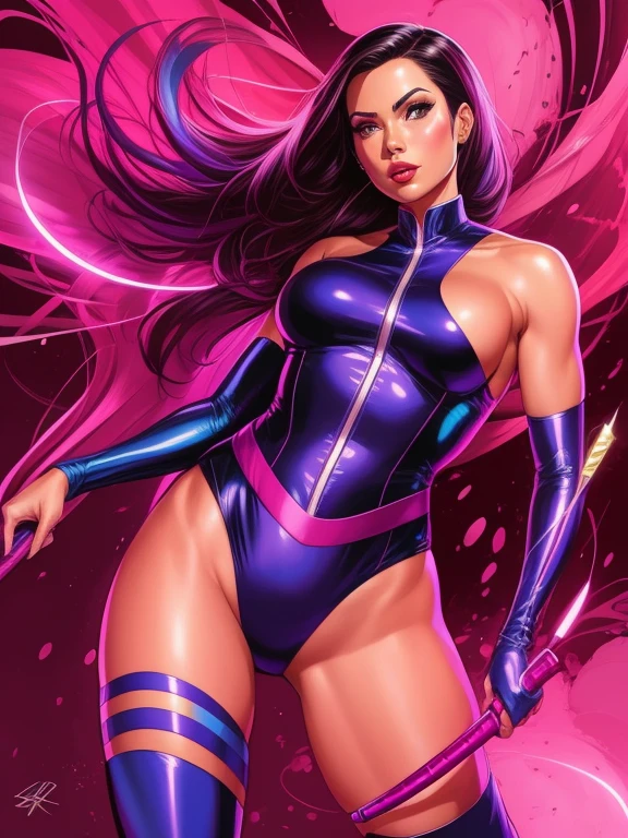((digital drawing)),((4k)),((JIM EIDOMODE)), a close-up of a woman in a blue suit holding a knife, Psylocke, Kate Bishop, nico robin, in digital illustration style, bright digital painting, comic digital art, in a mixed æon flow style, 90s comic character design, in the style of digital painting, colorful digital illustration, drawn in the style of artgerm