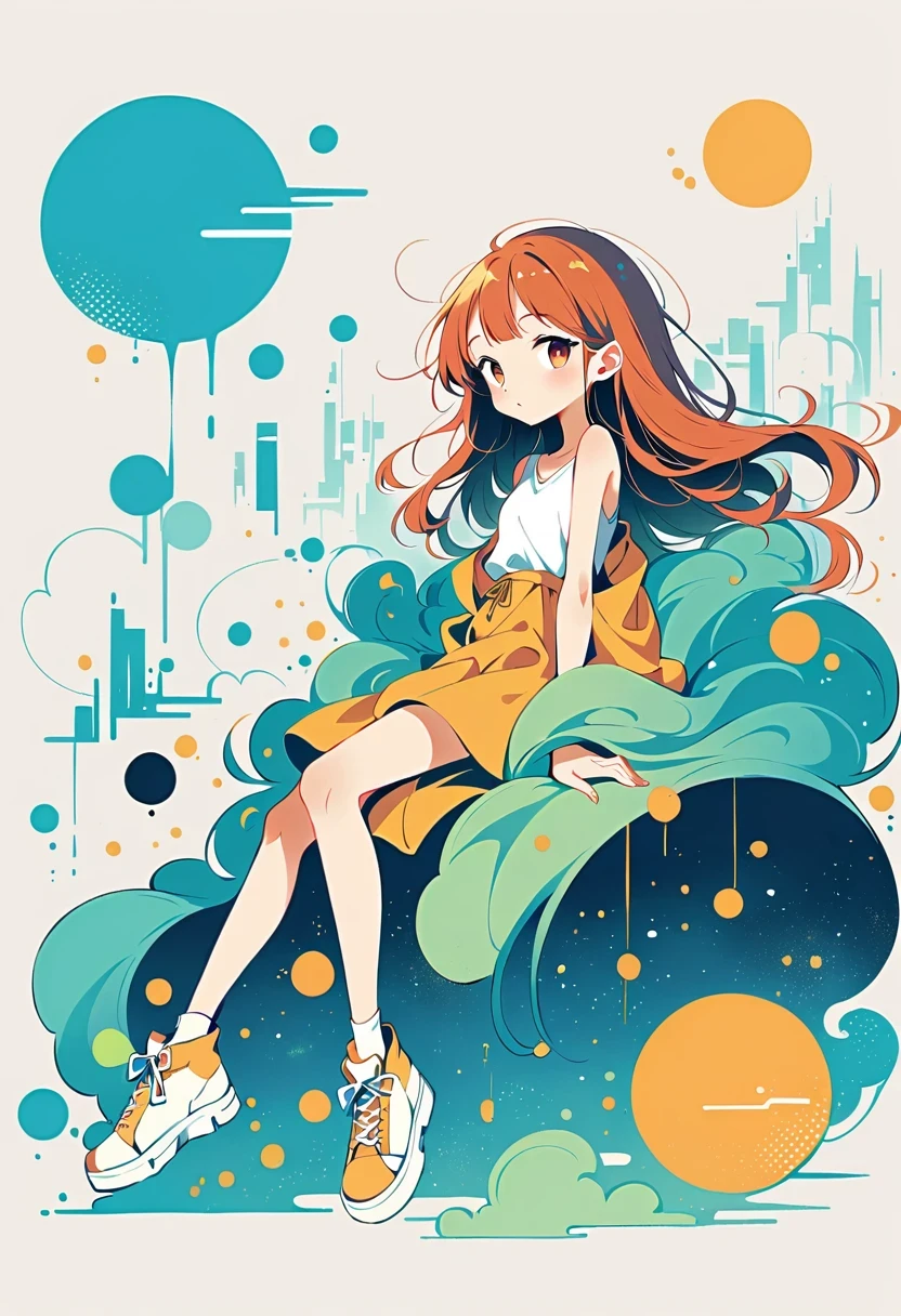 Girl holding sword on rooftop,Simple lines,Minimalism,Abstract Art,City background