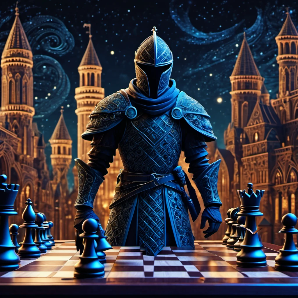 (best quality, highres, ultra sharp), magical chess Swordsman Standing , about the curvature of space time, in a dark night, art deco, zentangle, 3d crunch, cinematic, facing camera, close up, medieval city with chess rooks in the background