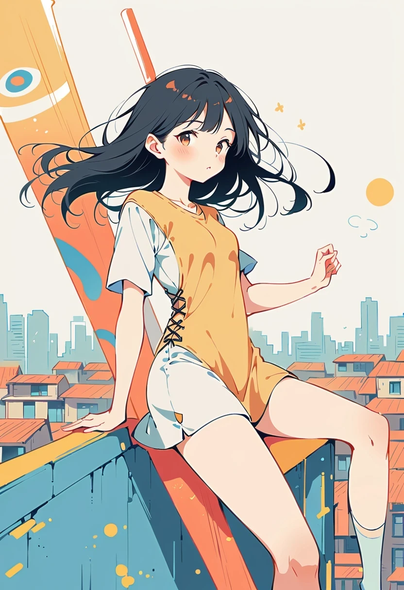 Girl holding sword on rooftop，Simple lines，Minimalism，Abstract Art，City background