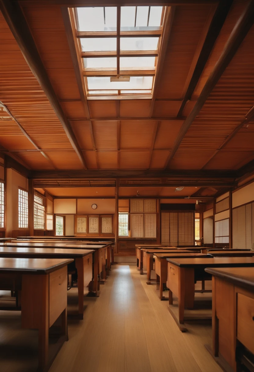 Japanese school classroom with many desks