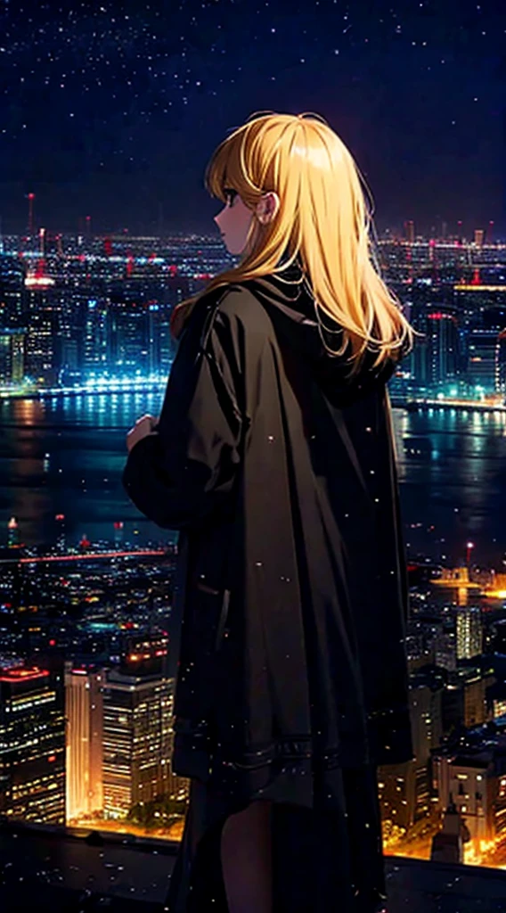 １people々々々々々々々々,Blonde long-haired woman，Long coat， Dress Silhouette， Rear View，Space Sky, comet, Anime Style, City night view from the rooftop，