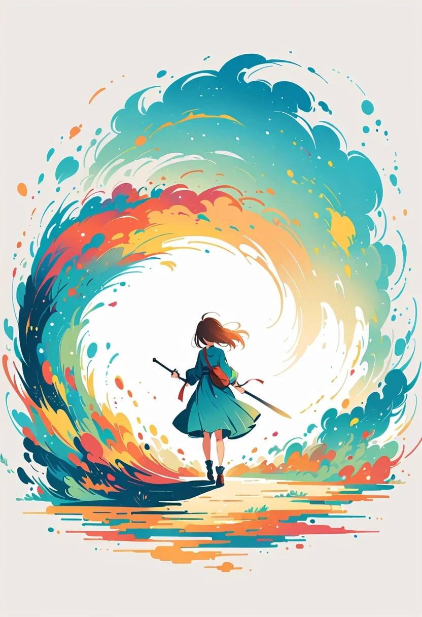 Girl holding sword on rooftop，Simple lines，Minimalism，Abstract Art，City background