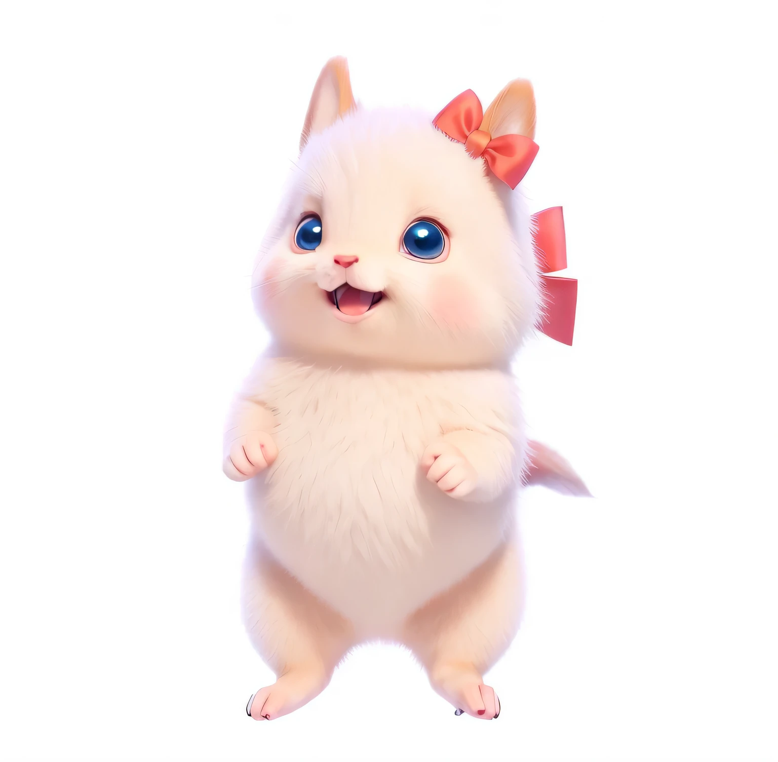 I'm smiling and dropping my hand、Pixar inspired cute chubby girl squirrel、Wow cute、Dark pink and white fur、The fur is very fluffy、Bright Blue Eyes、She has a ribbon on her head