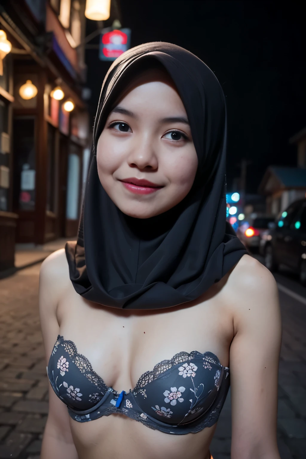 ((Lace)), (Happy smile), (((HIJAB MALAY GIRL))), masutepiece, High quality, UHD 32K, Realistic face, Realistic skin feeling , A Japanese Lady, 58 years old matured lady, , Very cute and baby-like face, (((FLAT CHEST))), (Night time at forest), ((look In front  at the camera and SADNESS)), (((GREY FLUORESCENT))), (((CUTE GIRL))), ((GREY FLUORESCENT LIPS)), ((Floral Pattern)) little wearing strapless bra, strapless colorful bra, dark night background , black forest night, horror scary place, (from behind up) seductive pose