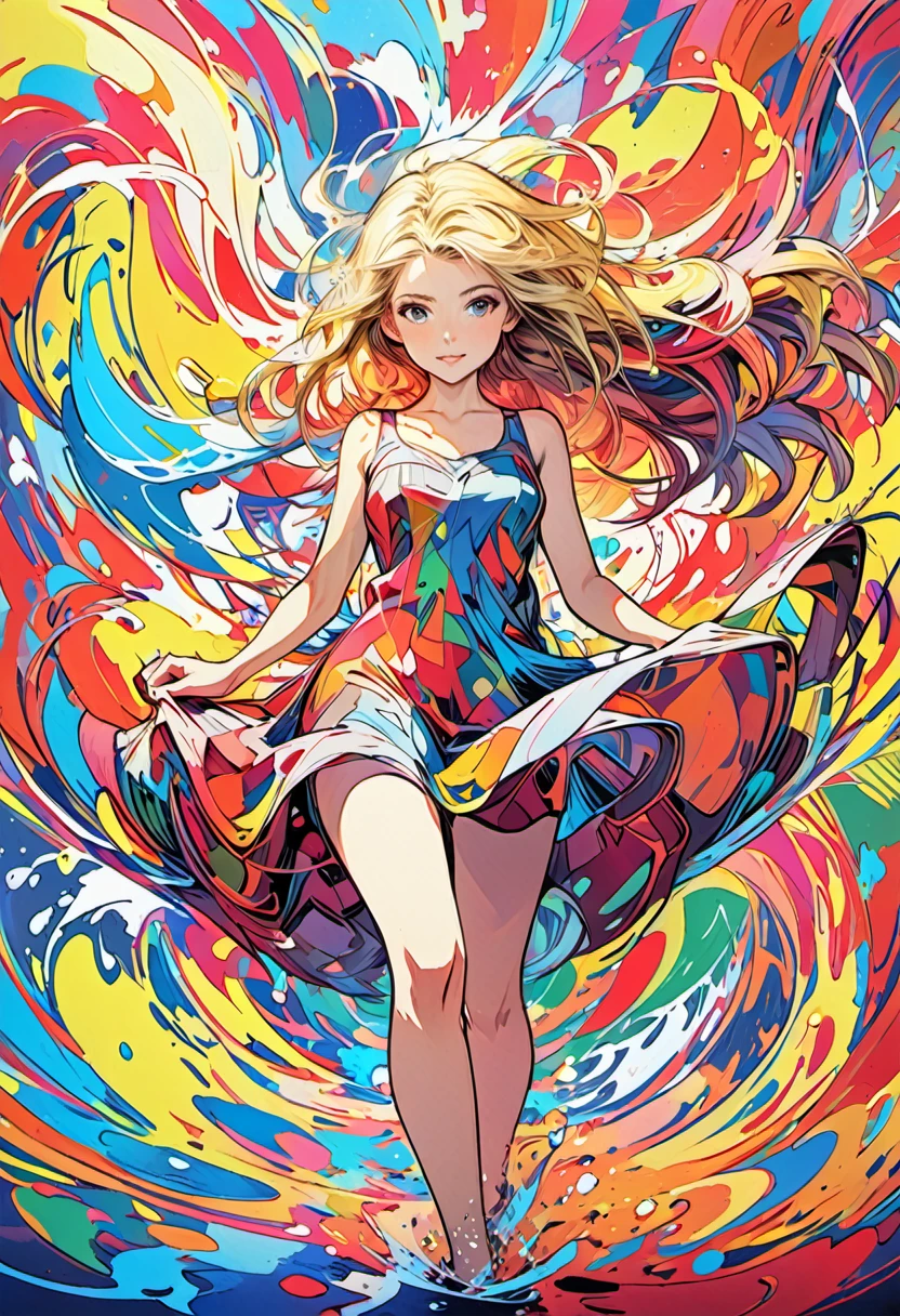 Classical Printmaking Style,An illustration of a girl surrounded by a vibrant, multicolored paint background, reminiscent of abstract expressionist paintings by Jackson Pollock. The girl stands in the center of the composition, her blonde hair flowing gracefully. The colors in the background are a riot of hues, merging and blending together in an explosion of energy and creativity. The lighting is dynamic, with splashes of light and shadow falling across the scene, adding depth and dimension. The atmosphere is lively and joyful, reflecting the girl's playful spirit amidst the colorful chaos.