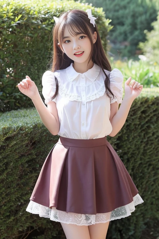 Fluttering skirt, many frilled mini skirt, lace miniskirt, ribbon , girl, Double teeth, shy, (blush cheeks):1.1, Lolita, sexual excitement, The face of a person who has reached sexual climax, open mouth, closed eyes, detailed face, 