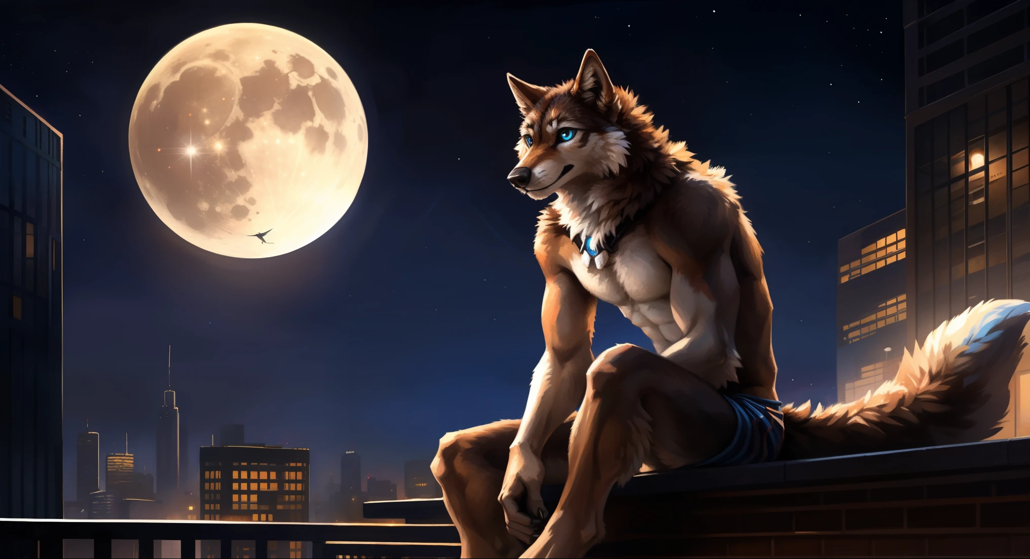 ((Solo)), male people, anthro wolf, (Multi-colored fur, White-brown:1.3), ((Wolf face, Big eyes, White eyelids, Blue pupil, Slim:1.2) (Tough, Calm expression:1.2)), (Height 2.1 meters,Tail length 1.5m), Abs, Slim, pinging, (Correct anatomy), (Contour bone:1.2), The upper body is naked, (detailed outfits), a long large tail，Feet，(Realistic fur, Detailed fur texture, labeled:1.3)), (Natural lighting), Photorealistic, Hyperrealistic, ultradetailed, by Kenket，In the modern city，Roof，the night，Sit alone，Look at the full moon，It was dark，Starry