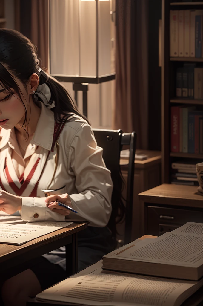 There is a woman sitting at a desk writing a book, study in a brightly lit room, studying in the bedroom, Live-action movie stills, A scene from a live-action movie, anime. Soft lighting, study, A luxurious study with warm lighting, Investigative Chiaroscuro, Trying to study, morning lighting, iwakura lain