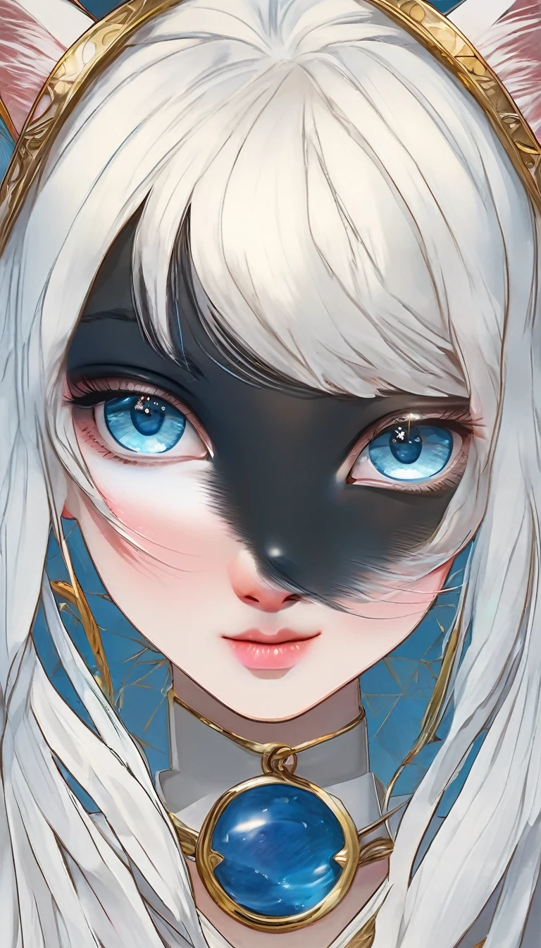 hacer imagen de una mujer con cabello blanco largo y suelto y ojos azules, sosteniendo un gato blanco con ojos azules. They both have rosy cheeks and the girl has rosy lips.. El fondo es blanco con ribetes dorados.