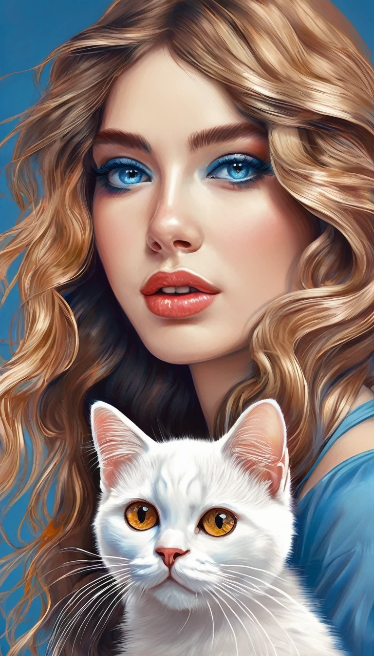 hacer imagen de una mujer con cabello blanco largo y suelto y ojos azules, sosteniendo un gato blanco con ojos azules. They both have rosy cheeks and the girl has rosy lips.. El fondo es blanco con ribetes dorados.