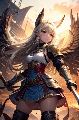 young age girl, ancient viking warrior, Evil look,,Combat Stance, Wielding an ax, Ancient Viking Armor, Very detailedな, Ancient Drakkar ship in the background, Blonde, Vibrant appearance, Creative Action, Very detailedな, Imaginative, Sensual, Voluntary, highest quality, Skin Texture, Intricate details, (Cinema Lighting), RAW Photos, 8k, masterpiece,highest quality,Very detailedな,Very detailedなイラスト,Very detailed,Intricate details,High resolution,非常にIntricate details,Very detailed 8k cg wallpaper,Anime girl holding a sword and a flying bird, Zodiac Knight Girl, As a mysterious Valkyrie, Granblue Fantasy, by ヤン・J, Angel Knight Girl, Bird Warrior, Magical fantasy 2D concept art, Kschaert Krentz Key Art Feminine, Anime fantasy illustration, Mechanized Valkyrie Girl, Artbook artwork, portrait Zodiac Knight Girl, Girl in Armor