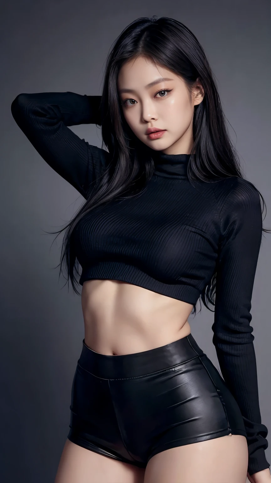 Kim Jennie, wearing a tight black croptop sweater with long sleeves, short black hot pants, sexy pose, showing off the beauty of her body, big breasts