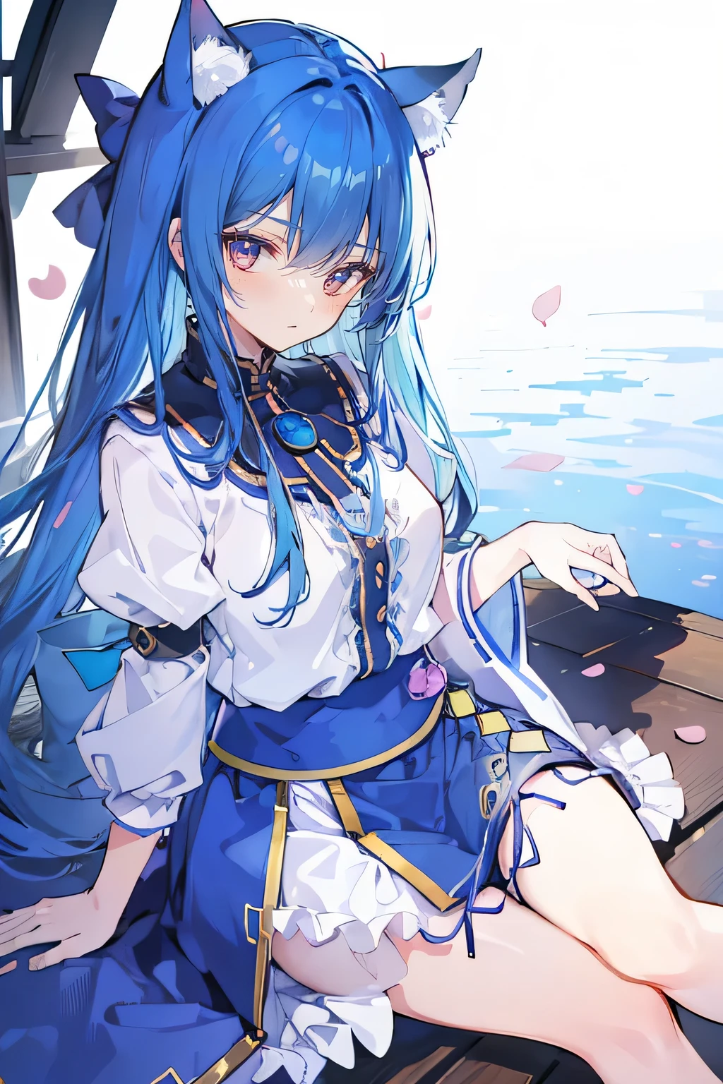 (masterpiece:1.2),ultra-detailed,realistic,expressive eyes,fair-skinned,perfectly shaped face,1girl,
Japanese cartoons,Gorgeous blue hair, flowing blue hair,floating clothes,cat ears,petals falling,beautiful Lola,Hina Angel,
hands on waist,gracefully sitting on the ground,legs crossed,gentle and serene background,cool and comfortable pavilion.