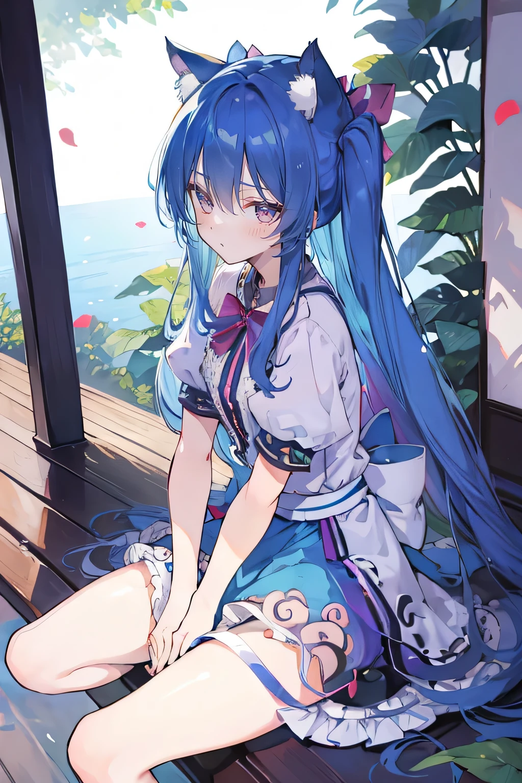 (masterpiece:1.2),ultra-detailed,realistic,expressive eyes,fair-skinned,perfectly shaped face,1girl,
Japanese cartoons,Gorgeous blue hair, flowing blue hair,floating clothes,cat ears,petals falling,beautiful Lola,Hina Angel,
hands on waist,gracefully sitting on the ground,legs crossed,gentle and serene background,cool and comfortable pavilion.