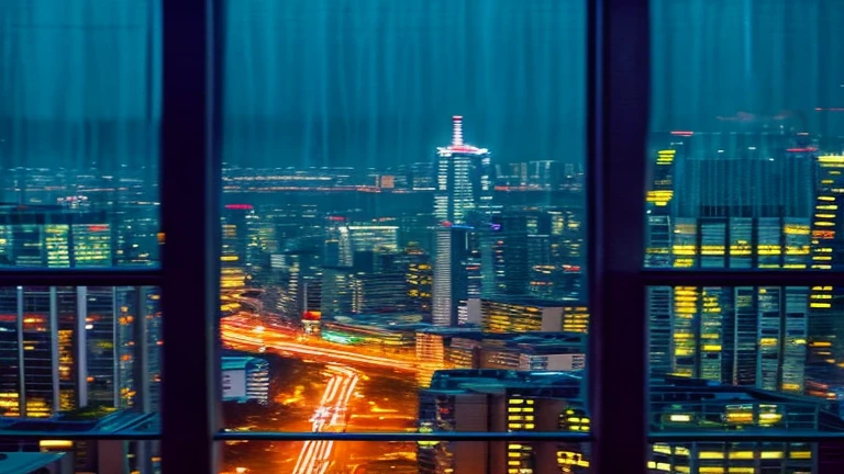 Widescreen、Through a frameless window from a high rise building、Night view of a city with many buildings、Colorful neon、rain、rainに少し夜景が反射して輝く