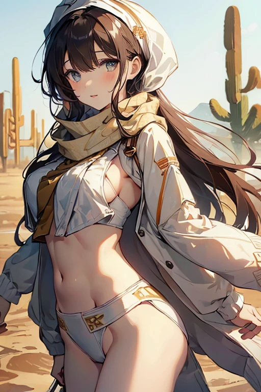 ((in a desert:1.5)), a matured woman with long hair and a white outfit, (resting in oasis:1.2), Arabic, Post apocalyps, from arknights, artwork in the style of guweiz, bodyesbian, fine details. girls frontline, beautiful anime illustration, from girls frontline, by Yang J, stunning, 26 years old, (solo:1.5), (sfw:1.25), sagging breast, large breasts, big tits, thin waist, big ass, Raised sexy, (dark mahogany medium long hair, updo, hair over one eye, asymmetric hair, Carly hair, low tied),(musulman, Headscarfs, hair bands, head vandage, Turban), (ultra high resolution, 8K RAW photo, photo realistics, weak outline:1.3, clear focus), best qualtiy, natural lighting, blurry back ground, field depth, (Bright pupils, detailed beautiful eyes, high detailed face), Red lip, looking at viewers, (tight focus:1.2, from below), sexy posing, seductive weak smiling, center image, (wearing white long jacket and clothes, wearing short pants, gold ornaments, white clothes rolling around waist, camel-brown long leather boots, translucent lace pantyhose), ((correct anatomy:1.5)), ((outdoor:1.2)),