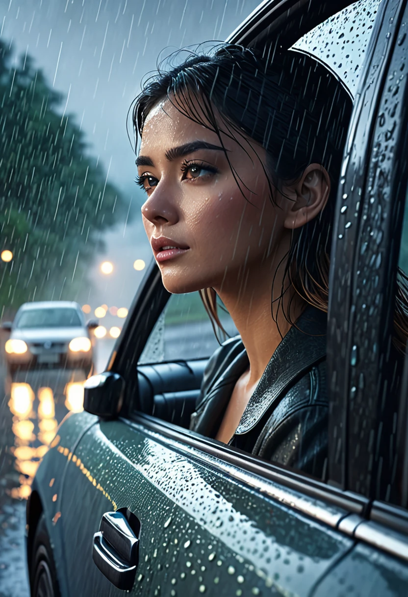 woman beautiful in car in road, watching over the rain, highly detailed, digital art, cinematic atmosphere, sharp focus, hyper realistic, extreme detail, ground mist, trending on artstation, cinematic lighting, studio quality, smooth render, unreal engine 5 rendered