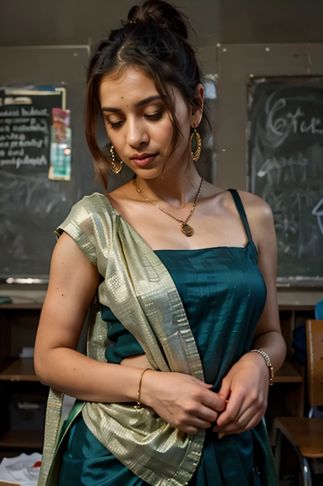 Create an image of a South Asian school teacher wearing a beautiful sari in a vibrant color, such as emerald green or sapphire blue. The sari should be draped elegantly, with the pallu (the end piece) worn over the left shoulder. The teacher should be wearing a stylish blouse, with a modern design and a modest neckline. The blouse should be a complementary color, such as a deep purple or gold. The teacher should be accessorized with traditional jewelry, such as a gold necklace, earrings, and bangles. Her hair should be styled in a neat and professional manner, such as a low bun or a French braid. The overall mood should be professional and approachable, with a touch of style and sophistication. The background should be a classroom or a school setting, with a warm and welcoming atmosphere