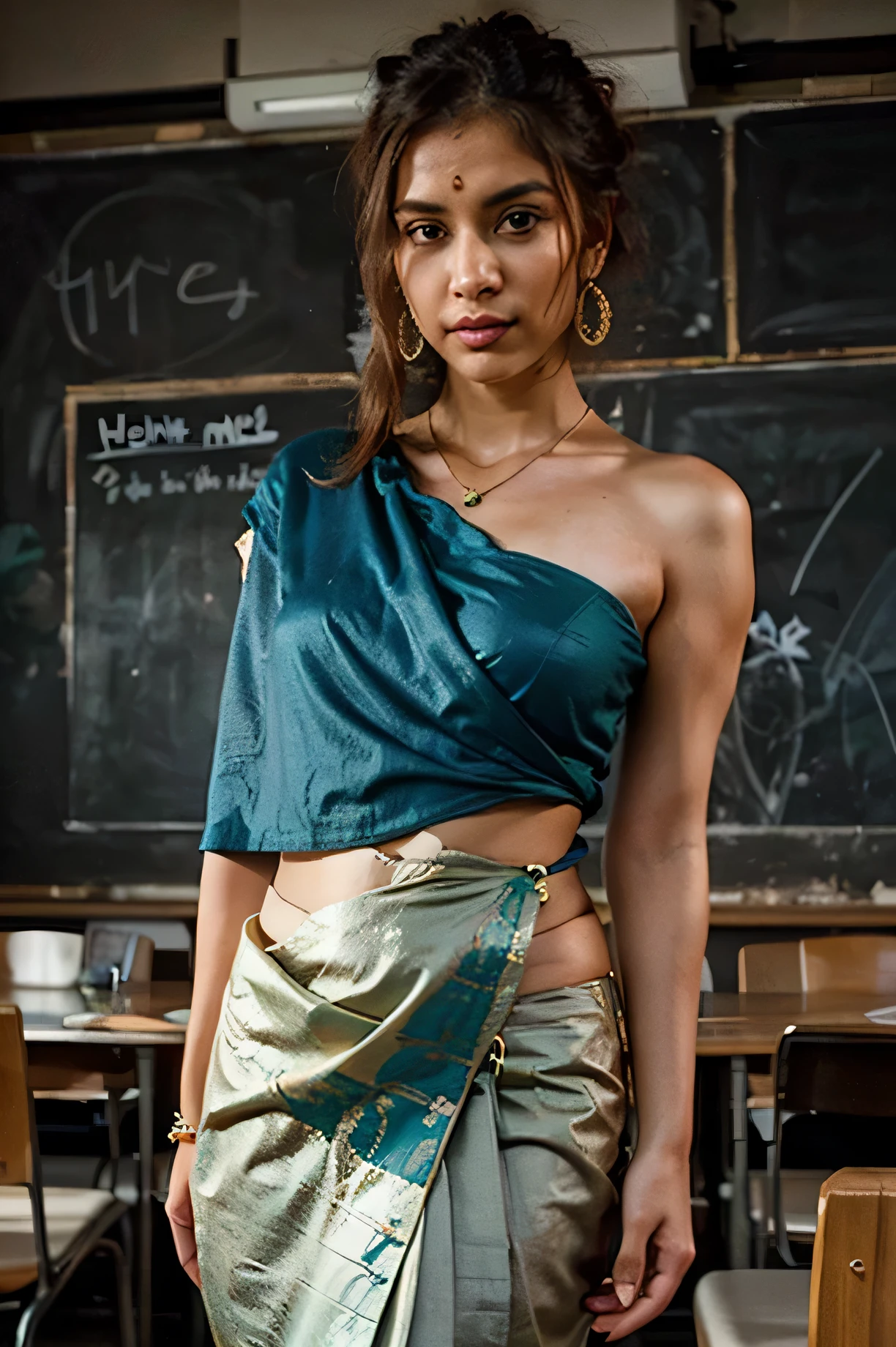 Create an image of a South Asian school teacher wearing a beautiful sari in a vibrant color, such as emerald green or sapphire blue. The sari should be draped elegantly, with the pallu (the end piece) worn over the left shoulder. The teacher should be wearing a stylish blouse, with a modern design and a modest neckline. The blouse should be a complementary color, such as a deep purple or gold. The teacher should be accessorized with traditional jewelry, such as a gold necklace, earrings, and bangles. Her hair should be styled in a neat and professional manner, such as a low bun or a French braid. The overall mood should be professional and approachable, with a touch of style and sophistication. The background should be a classroom or a school setting, with a warm and welcoming atmosphere