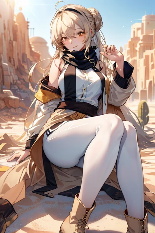 ((in a desert:1.5)), a matured woman with long hair and a white outfit, (resting in oasis:1.2), Arabic, Post apocalyps, from arknights, artwork in the style of guweiz, bodyesbian, fine details. girls frontline, beautiful anime illustration, from girls frontline, by Yang J, stunning, 26 years old, (solo:1.5), (sfw:1.25), sagging breast, large breasts, big tits, thin waist, big ass, Raised sexy, (dark mahogany medium long hair, updo, hair over one eye, asymmetric hair, Carly hair, low tied),(musulman, Headscarfs, hair bands, head vandage, Turban), (ultra high resolution, 8K RAW photo, photo realistics, weak outline:1.3, clear focus), best qualtiy, natural lighting, blurry back ground, field depth, (Bright pupils, detailed beautiful eyes, high detailed face), Red lip, looking at viewers, (tight focus:1.2, from below), sexy posing, seductive weak smiling, center image, (wearing white long jacket and clothes, wearing short pants, gold ornaments, white clothes rolling around waist, camel-brown long leather boots, translucent lace pantyhose), ((correct anatomy:1.5)), ((outdoor:1.2)),